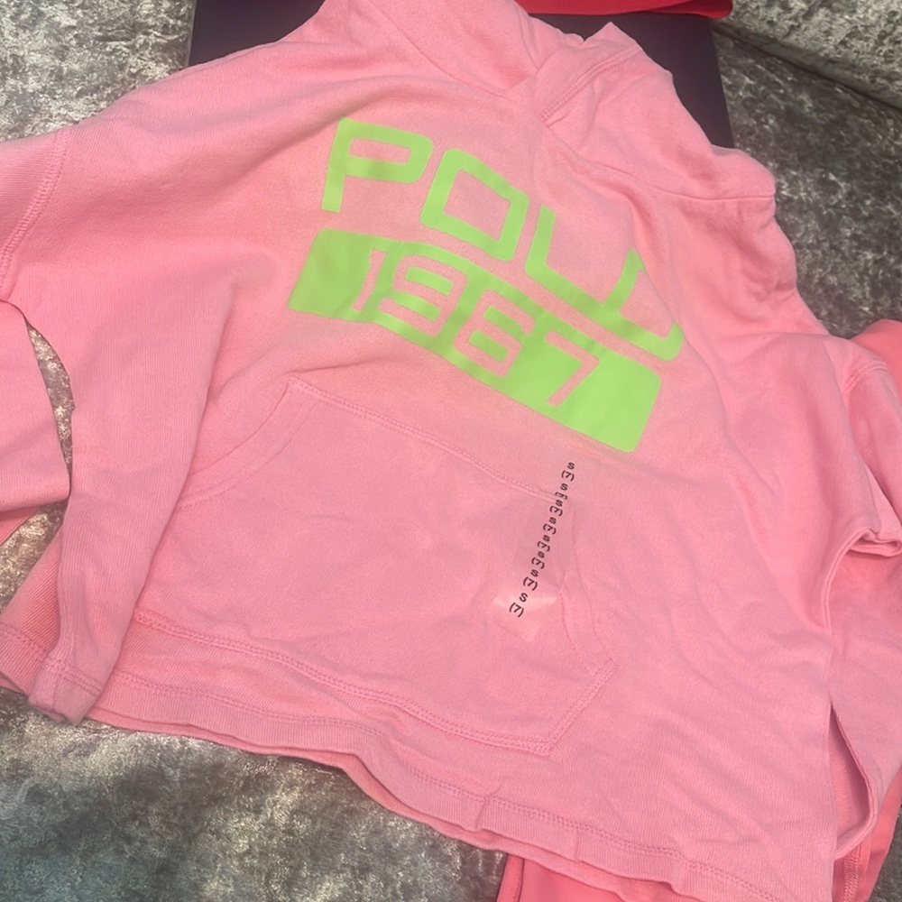 Little girls, polo leggings, hooded sweatshirt with pockets.  Size 7, brand new